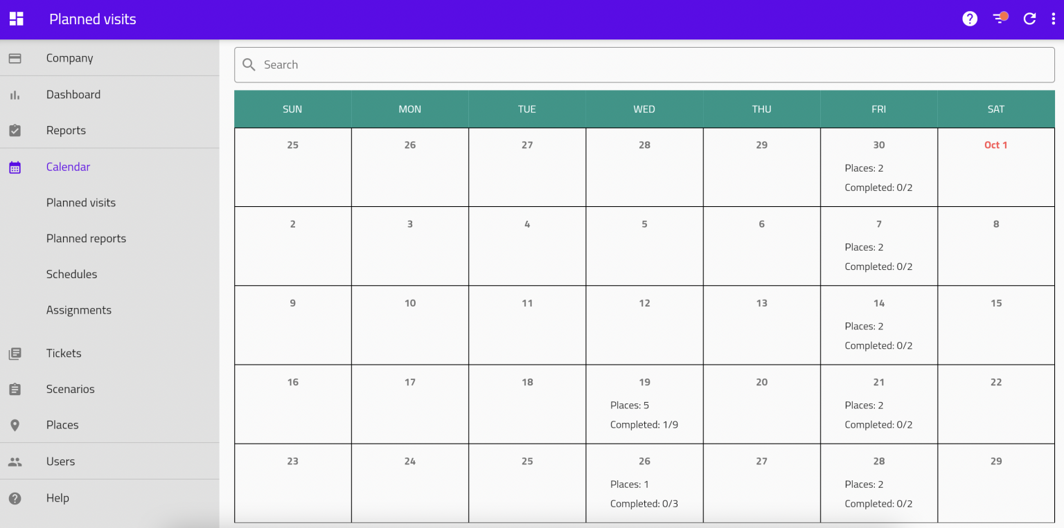 Calendar view. Store visit schedule